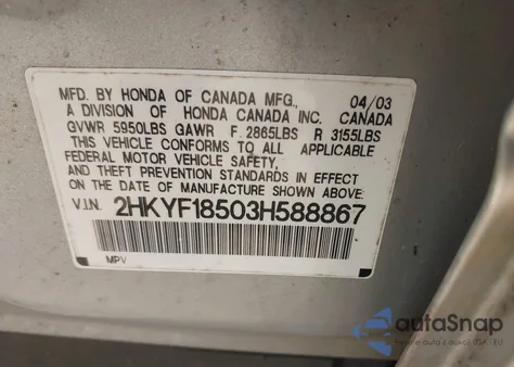 2003 Honda Pilot Ex-L from USA, damaged, VIN 2HKYF18503H588867